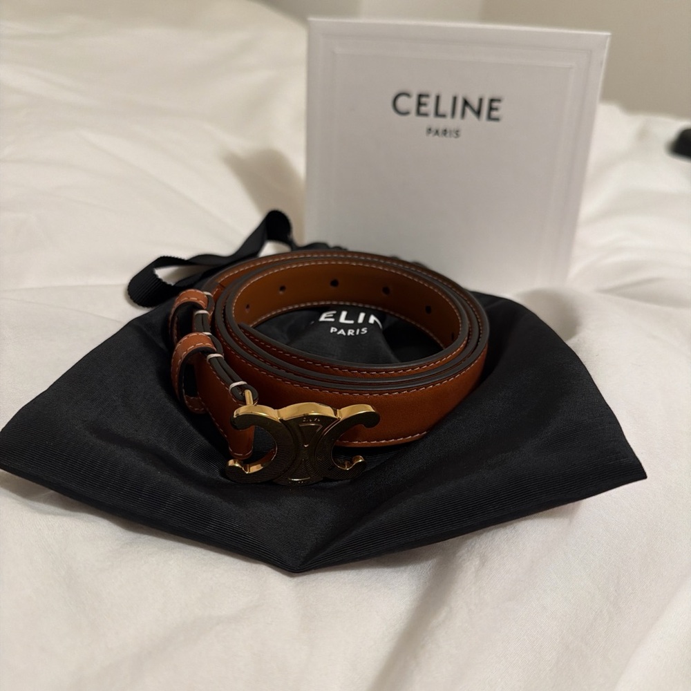 Celine Tan Leather Belt with Gold Buckle